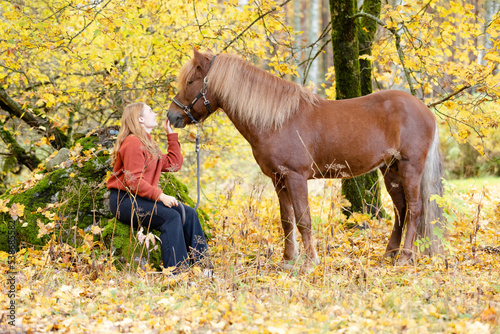 Young woman sitting on the rock under yellow maple tree with Icelandic horse © AnttiJussi