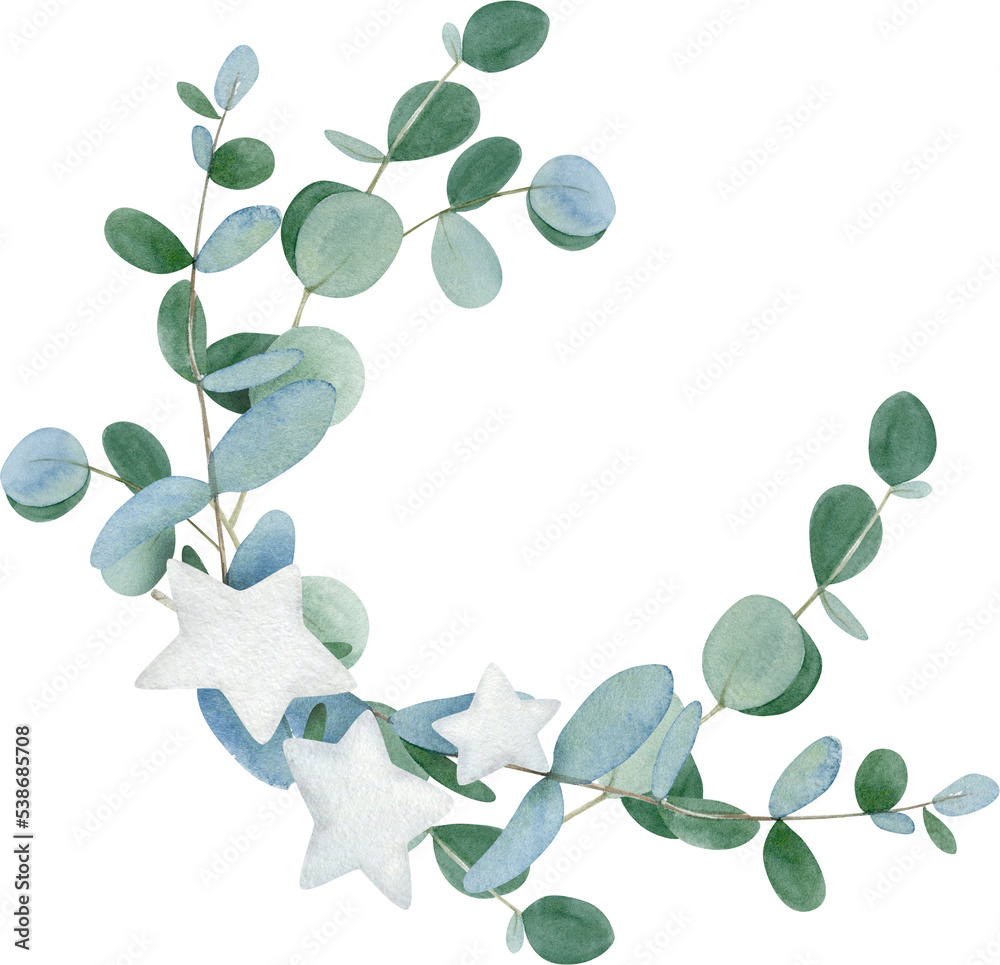Obraz premium Watercolor winter wreath with hand drawn eucalyptus leaves