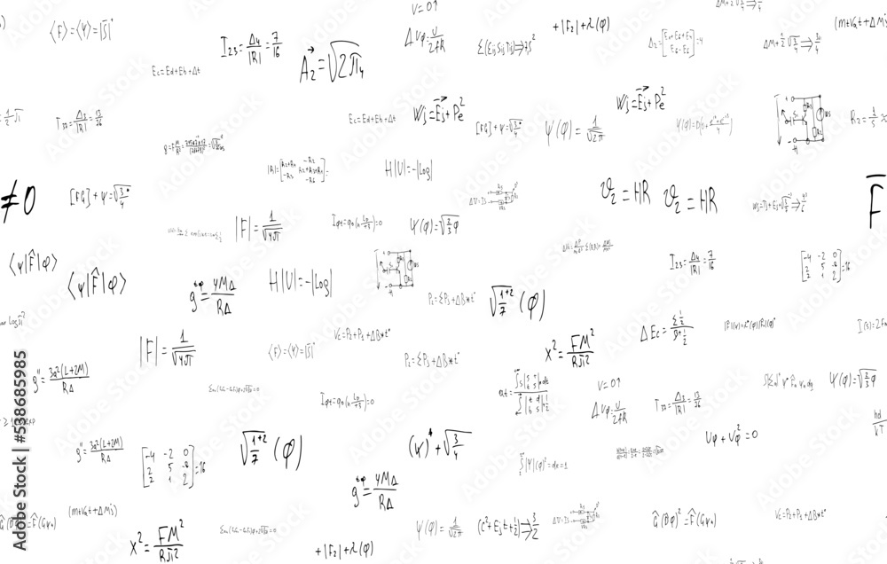 Formulas of astrophysics, quantum mechanics, radio circuits. Scientific, educational background on white. Hand drawn. Formulas of astrophysics, quantum mechanics, radio circuits. Scientific, educational background on white. Hand drawn.