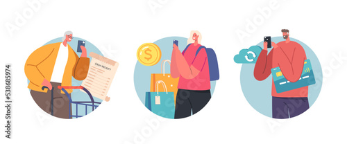 Characters Use Safe Contactless Payment Isolated Round Icons or Avatars. Buyers Hold Credit Cards, Smartphones, Trolley