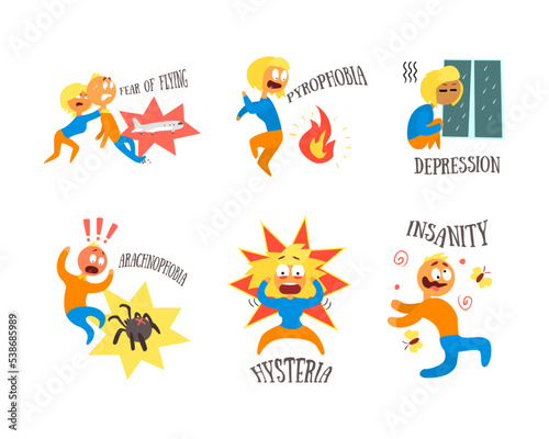 Different Fears and Phobia with Comic Man and Woman Afraid of Various Things Vector Set