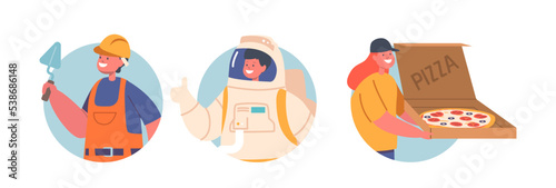 Set of Kids Professions Builder, Pizza Courier, Astronaut Isolated Round Icons or Avatars Children wear Costumes