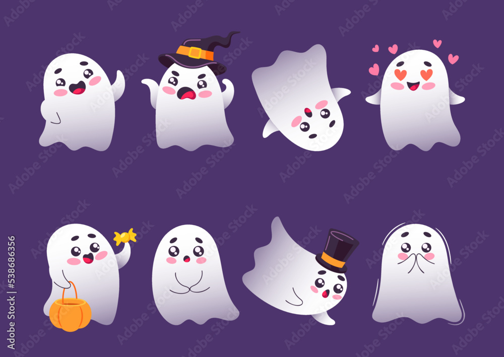 Fototapeta premium Set Of Cute Ghosts, Cartoon Halloween Characters. Funny Kawaii Spooks Creatures In Festive Hats With Candies