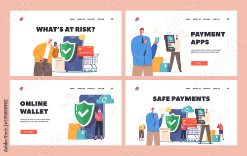 Characters Use Safe Payment Landing Page Template Set. Buyers Hold Credit Cards for Paying with Smartphone