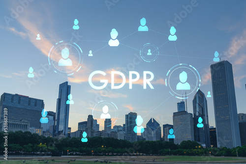 Chicago skyline from Butler Field to financial district skyscrapers at sunset, Illinois, USA. Parks and gardens. GDPR hologram, concept of data protection regulation and privacy for individuals