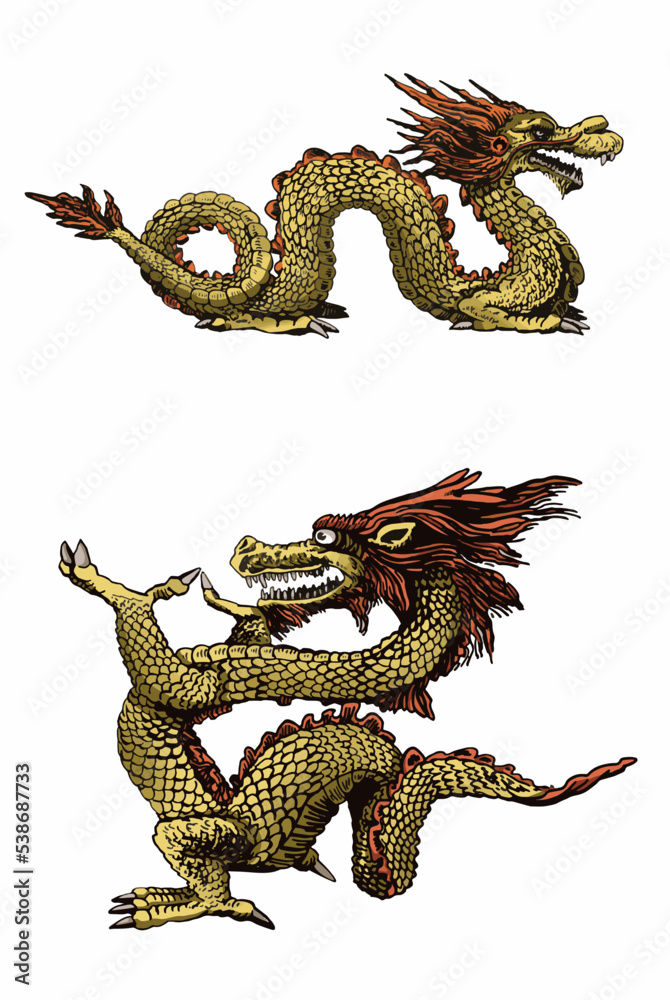 Graphical golden Chinese dragons isolated on white background,vector color illustration, mythology