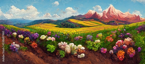High mountain range, colorful cosmos and marigold flower fields meadow landscape far horizon - scenic spring season hills and vibrant lush valley. Digital pastel illustration.