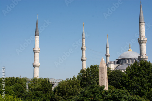 Panoramic view of Blue Mosque and Obelisk. Histoical monuments and travel destination -Istanbul.Turkey.