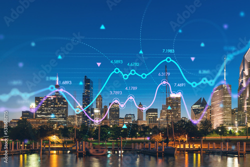 Downtown skyscrapers city view, Chicago skyline panorama over Lake Michigan, harbor area, night time, Illinois, USA. Forex graph hologram. Concept of internet trading, brokerage, fundamental analysis