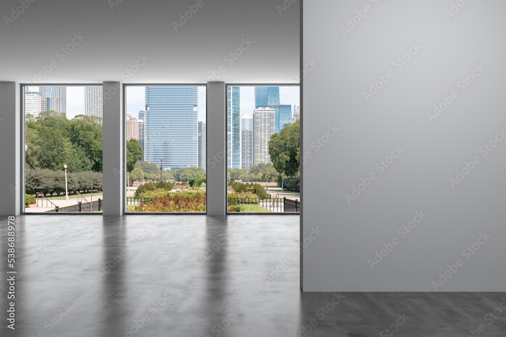 Fototapeta premium Downtown Chicago City Skyline Buildings Window background. Copy space white wall. Empty room Interior Skyscrapers View. Mockup concept. Day time. 3d rendering.