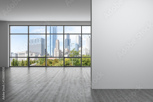 Fototapeta Naklejka Na Ścianę i Meble -  Downtown Chicago City Skyline Buildings Window background. Copy space white wall. Empty room Interior Skyscrapers View. Mockup concept. Day time. 3d rendering.
