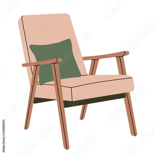 Cartoon armchair, simple flat vector style hygge, decor illustration. Furniture chair, seat, living room, comfort, retro model, soft comfortable, interior boho. Trending sticker icon symbol, isolated.