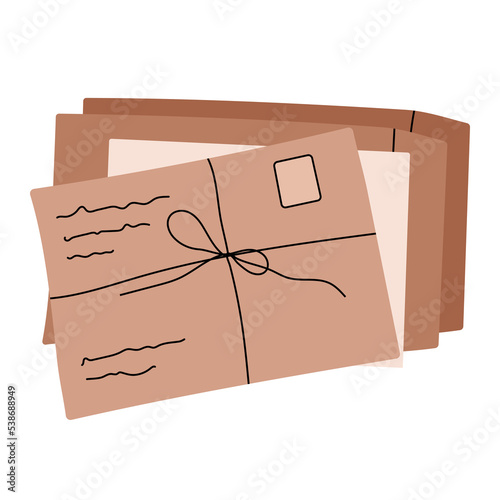 Stack of letters, envelopes, vector simple flat hygge style, trendy illustration. Stamp, paper, closed, note, concept, message, old fashioned correspondence, documents. Stickers icon symbol, isolated.