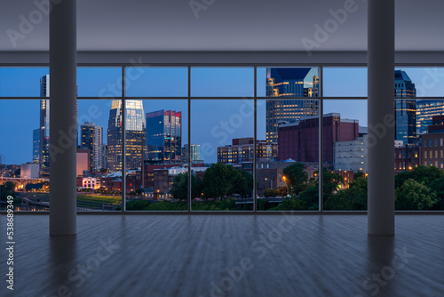 Downtown Nashville City Skyline Buildings from High Rise Window. Beautiful Expensive Real Estate overlooking. Epmty room Interior Skyscrapers View Cityscape. Night Tennessee. 3d rendering.
