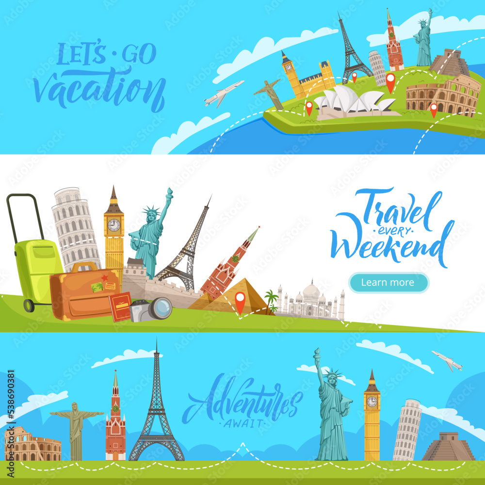 Travel banners. historical landmarks for travellers outdoor exploration. Vector templates with place for text