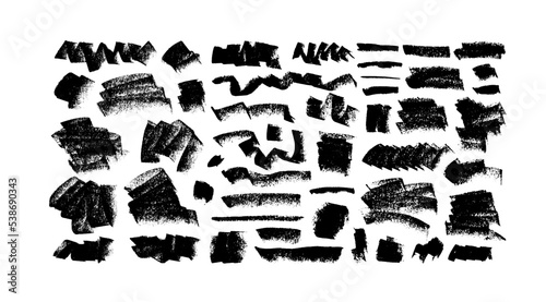 Charcoal bold smears and curves lines collection. Hand drawn scribble black strokes vector set. Scrawl elements isolated on white background. Black pencil sketches, drawings, scrawls and wide shapes.