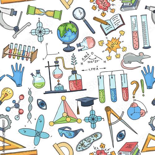 Science pattern. symbols of chemical lab science industry vector pictures