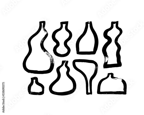 Abstract shapes vector vases and bottles. Vases silhouettes of various shapes in bold line style. Brush drawn ceramic elements isolated on white background. Abstract doodle objects. 