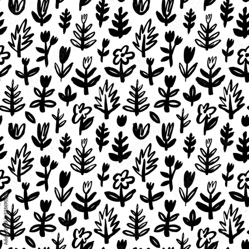 Floral seamless pattern in small wild flowers. Vector wild flowers and plants. Hand drawn black botanical ornament. Herbal and meadow plants  field motif. Brush drawn small branches and stems.