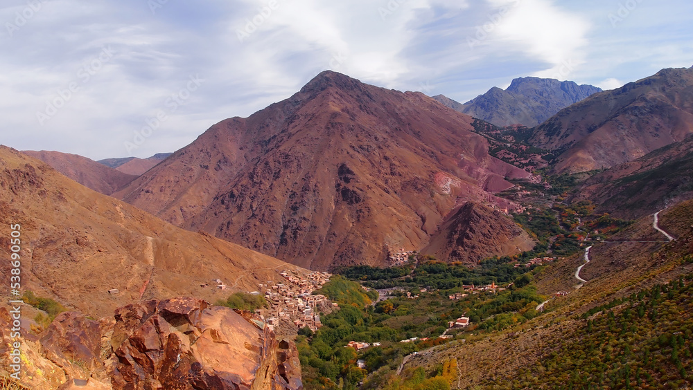 Amazing view of the village in the valley, Toubkal National Park, Atlas mountain range, Morocco