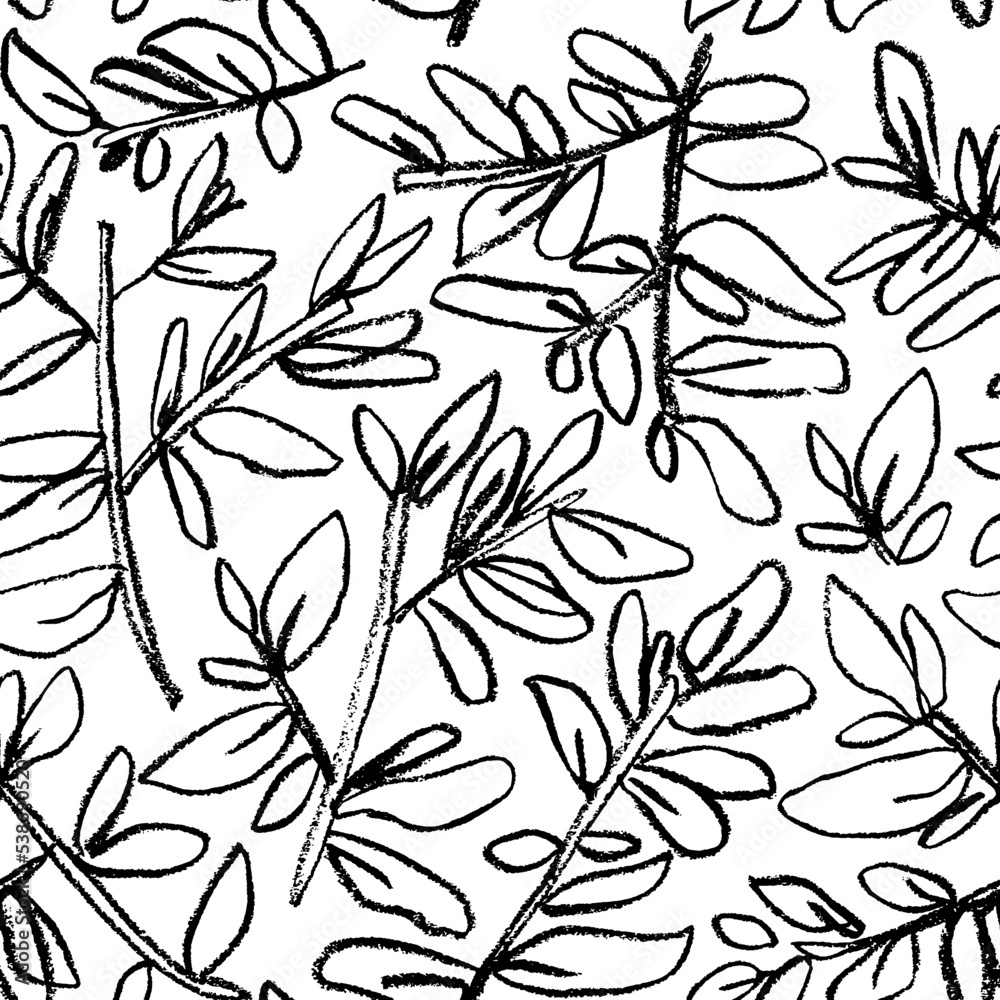 Fototapeta premium Retro contour drawing branches with leaves seamless pattern. Dry brush drawn black outlined plants. Vector seamless pattern of various silhouette branches with leaves in outline technique.