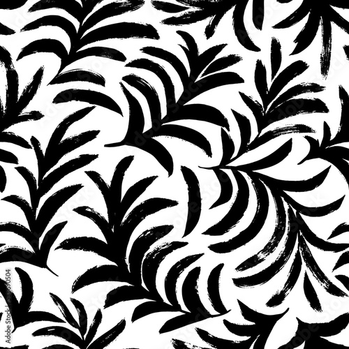 Branches with pungent leaves seamless pattern. Hand drawn black brush botanical ornament. Hand drawn vector eucalyptus, laurel twigs. Dry brush style floral motives. Monochrome print.