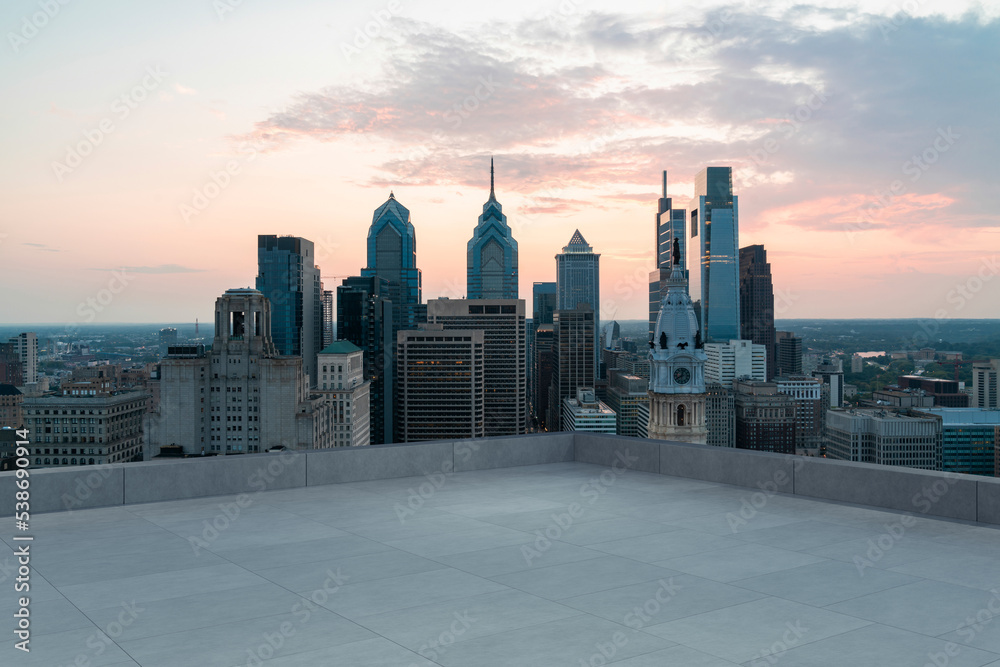Obraz premium Skyscrapers Cityscape Downtown, Philladelphia Skyline Buildings. Beautiful Real Estate. Sunset. Empty rooftop View. Success concept.