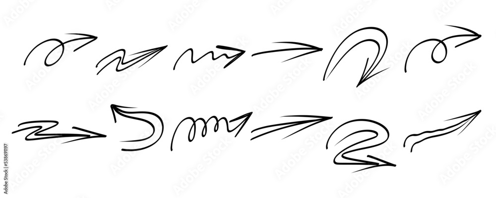 Sketch marker arrows hand drawn set. Hand drawn brush arrow check mark underline. Vector freehand illustration on white background. Sketch marker arrows hand drawn set. Hand drawn brush arrow check mark underline. Vector freehand illustration on white background.