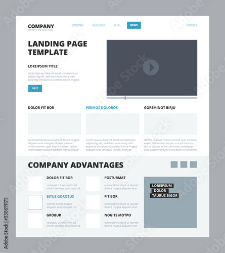 Landing page template. Website blog news company articles wireframe web site structure responsive benefits conception layout vector design