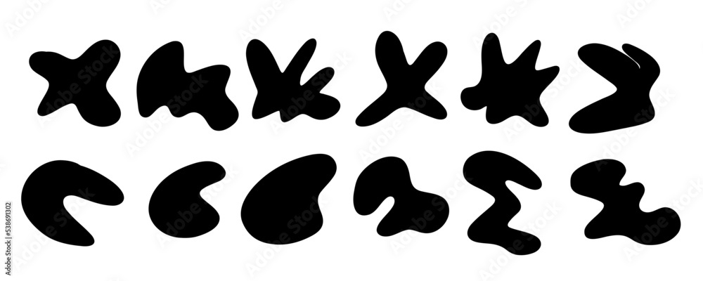 Organic spot set. Organic abstract random irregular shapes, stone or black blobs. Abstract pebble nature silhouettes, blotch inkblot. Simple liquid splodge elements water forms. Vector minimal bubble. Organic spot set. Organic abstract random irregular shapes, stone or black blobs. Abstract pebble nature silhouettes, blotch inkblot. Simple liquid splodge elements water forms. Vector minimal bubble.