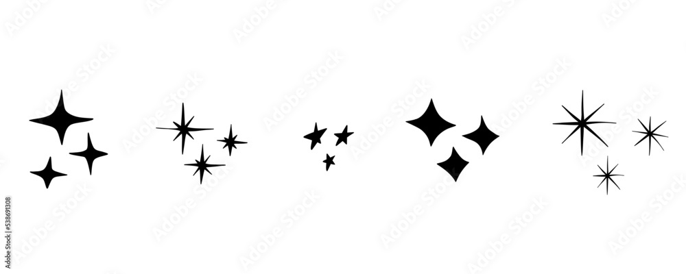 Fototapeta premium Sparkle twinkle stars doodle symbols. Set of vector sparkle star icon. Bright magic firework, shiny flash, decoration twinkle. Glowing light effect. Stock vector illustration.