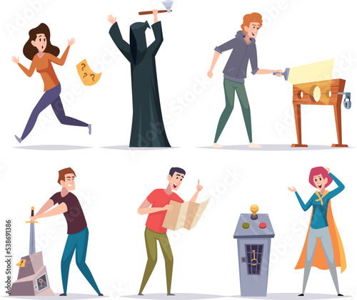 Quest games. Various situations and characters players in quest room exact vector cartoon templates