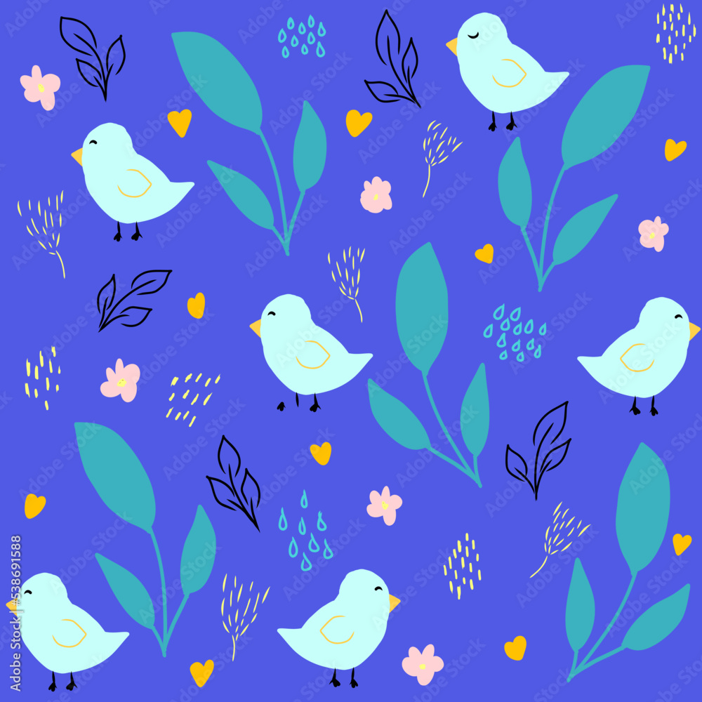 Fototapeta premium Seamless pattern with hand drawn birds,flowers and abstract elements,spring clipart,botanical illustration for wrapping and textile,minimalist print,abstract floral motif for kids fashion,home decor