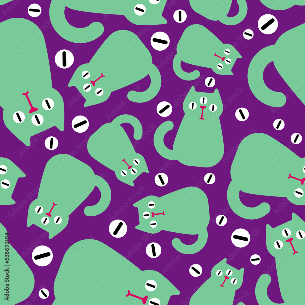 Alien cat Pattern seamless. Pet green monster Background. Baby fabric texture