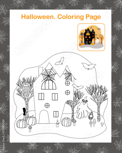 Halloween holiday scene spider web, bat, haunted house, candle, ghost, broom, pumpkin, mushroom outline coloring page with sample image vector illustration, autumn holiday leisure activity, worksheet