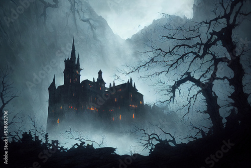 Background for a scary fairy tale background, a dark gothic castle in a dark dead valley, some kind of gray place in a gloomy area of a mountainous region.