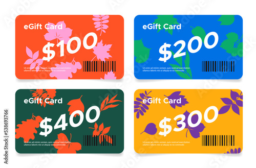 Egift card loyalty shopping voucher autumn leaves design set vector illustration