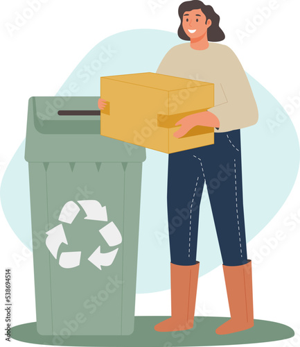 The girl collects paper trash in a trash can. The character sorts the trash. Pollution problem concept.