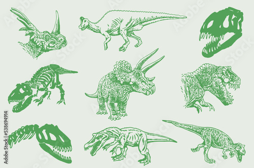 Fotobehang Graphical color set of green dinosaurs isolated on white background,vector illus