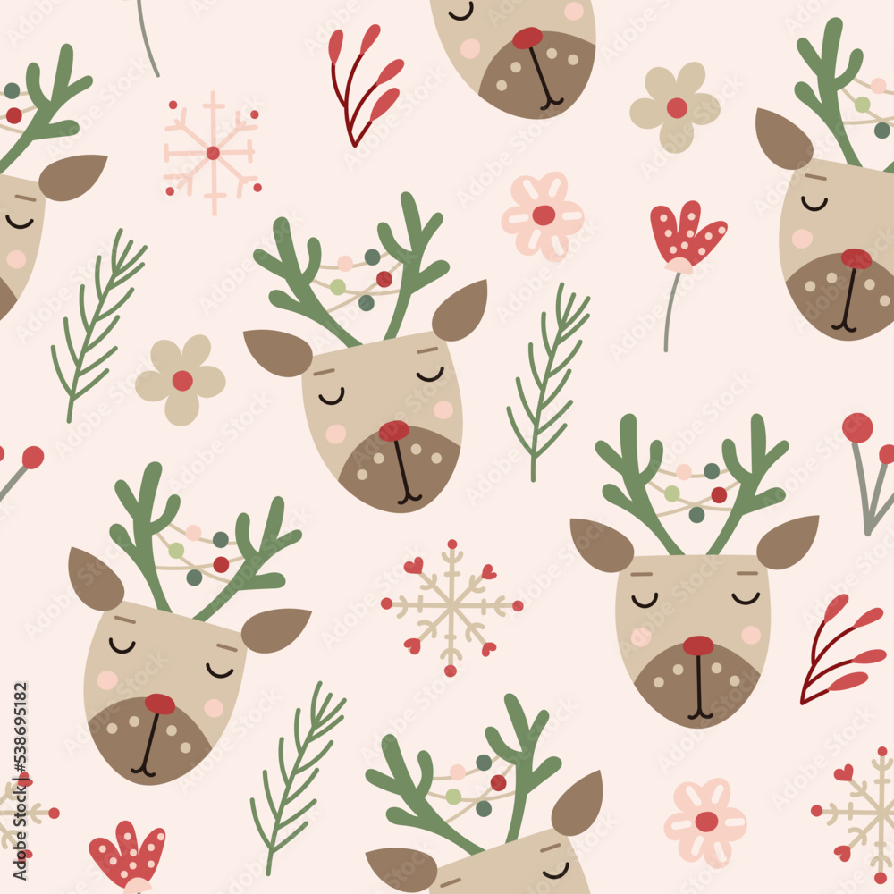 Fototapeta premium Christmas Seamless Pattern design with reindeers and florals. Vector illustration.
