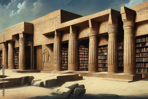 Ancient fundamental majestic Egyptian library, ancient books, papyri, temple of knowledge, history of Ancient Egypt. 3D illustration photo