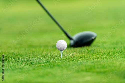 White golf ball and stick on green grass. Horizontal sport poster, greeting cards, headers, website