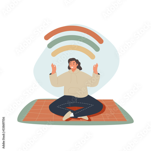 Happy woman sits in lotus pose and open her arms to the rainbow. Smiled girl creates good vibe around her.