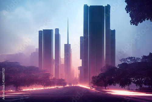 futuristic city skyline, skyscrapers, blossoming sakura cherry trees, concept art illustration