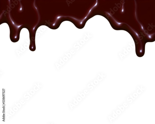 A white wall with melting chocolate on the top, tasty appealing curves. Intense brown color, studio lighting, 3d rendering. 