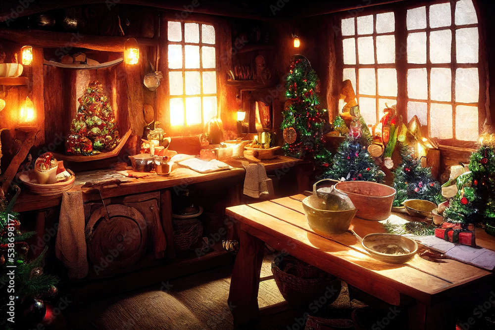 Fototapeta premium Cozy rustic wooden log cabin house interior, christmas decoration, candles, warm lights, merry christmas