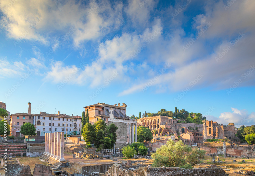 View of the Roman Forum toward the Palatine Hill in Rome, Italy.