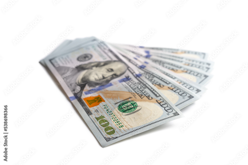 Pile of new design US dollar bills isolated on white background. Hundreds of dollar cash banknotes. Top view, flat lay. Business, finance, bank, currency, economy, wealth concept Pile of new design US dollar bills isolated on white background. Hundreds of dollar cash banknotes. Top view, flat lay. Business, finance, bank, currency, economy, wealth concept