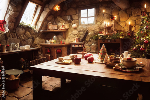 Cozy rustic wooden log cabin house interior  christmas decoration  candles  warm lights  merry christmas