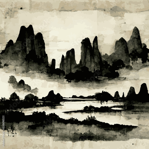 Rocky mountain landscape on the shore of a lake or sea. Vector illustration in chinese or japanese traditional art style, sumi-e.